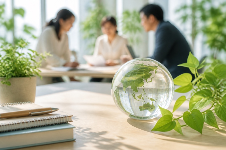 会社を守る保険の活用提案に関する相談資料と職場のイメージ