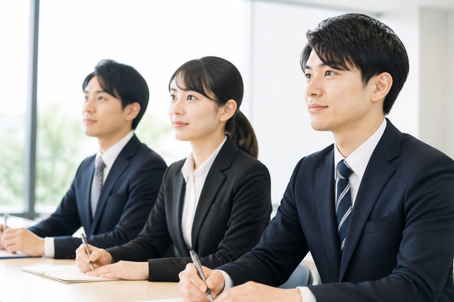 新入職員研修で若手職員が説明を聞く様子