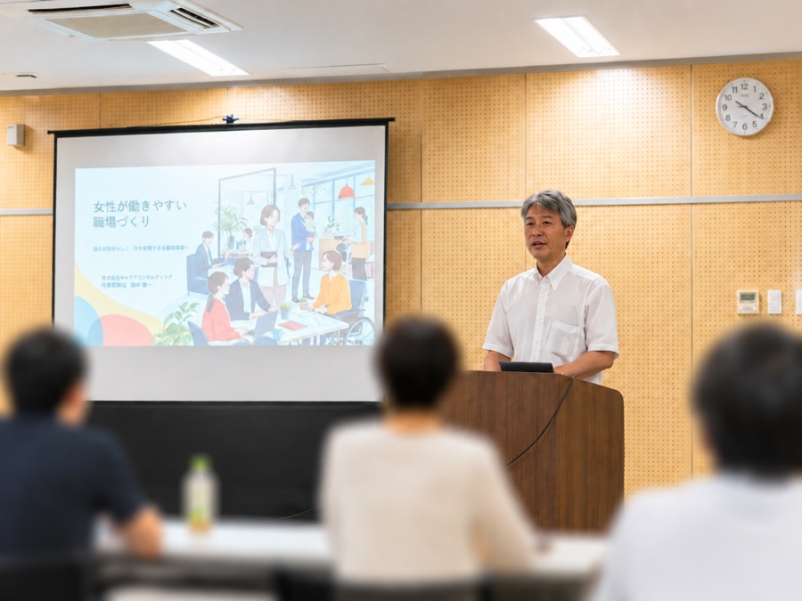 女性が働きやすい職場づくりセミナーで講師が登壇している様子